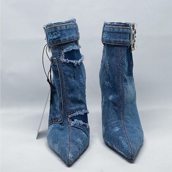 DOLCE & GABBANA Patchwork denim ankle boots with rhinestone buckle - Picture 5 of 16